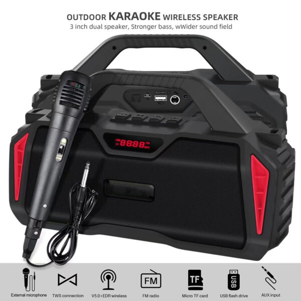 Portable Outdoor Bluetooth Wireless Speakers, with Microphone Boombox, Support FM Radio TF Card USB AUX, 6011M - Image 3