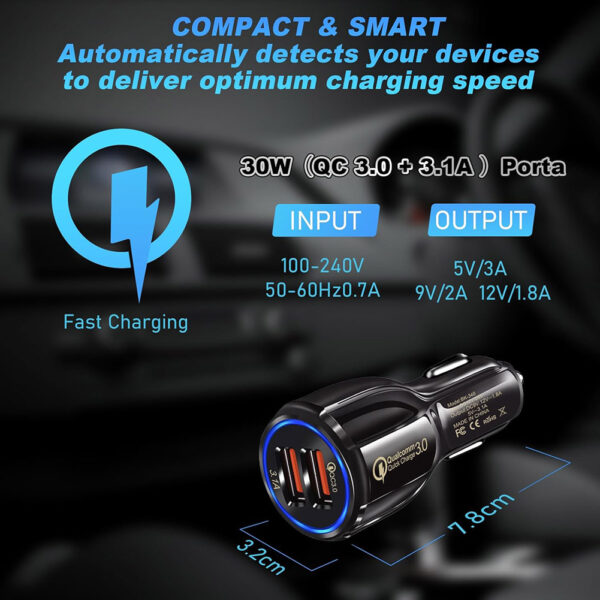 Car Charger Automobile Cigarette Adaptor, Dual USB-A Port QC 3.0 Fast Charging - Image 2