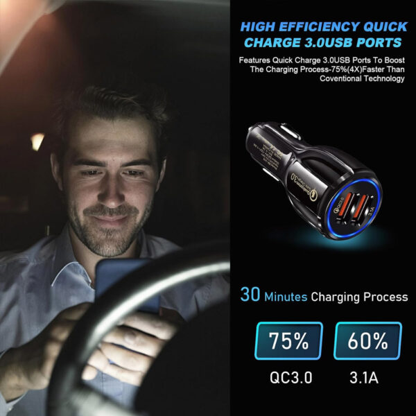 Car Charger Automobile Cigarette Adaptor, Dual USB-A Port QC 3.0 Fast Charging - Image 5