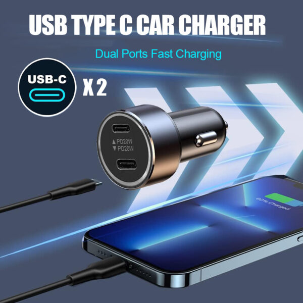 Car Charger Automobile Cigarette Adaptor, Dual USB-C Type C Port PD 20W Fast Charging - Image 2