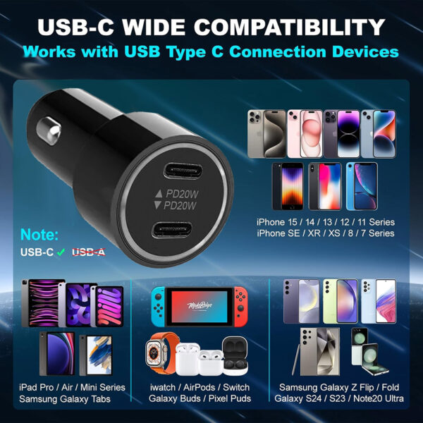 Car Charger Automobile Cigarette Adaptor, Dual USB-C Type C Port PD 20W Fast Charging - Image 5