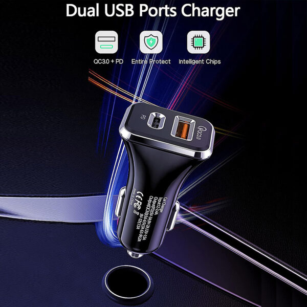 Car Charger Automobile Cigarette Adaptor, Dual Port USB-C PD 20W + USB-A QC 3.0 Fast Charging - Image 2