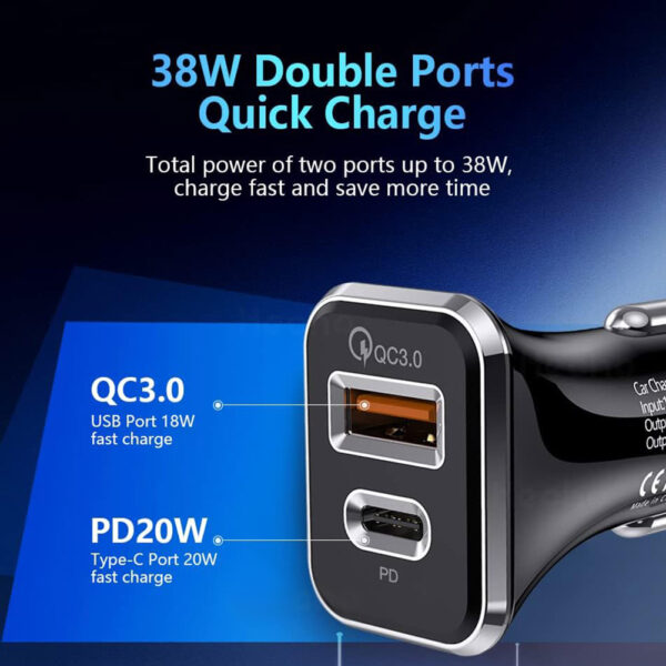 Car Charger Automobile Cigarette Adaptor, Dual Port USB-C PD 20W + USB-A QC 3.0 Fast Charging - Image 3