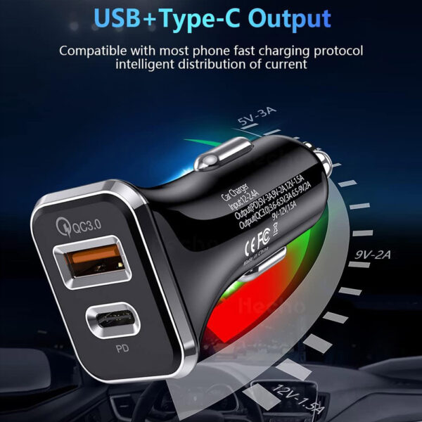 Car Charger Automobile Cigarette Adaptor, Dual Port USB-C PD 20W + USB-A QC 3.0 Fast Charging - Image 5