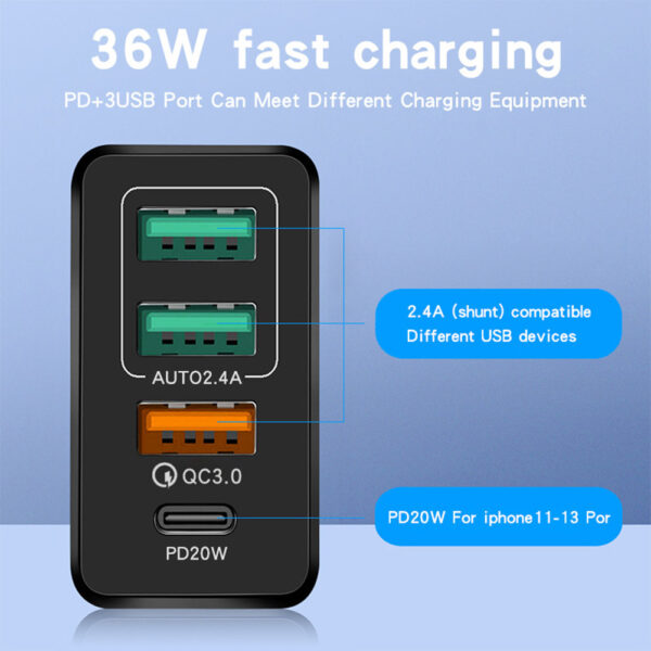 3 USB + 1 Type C Multi Port PD 36W Quick Fast Wall Charger Home Power Adapter Cube - Image 3