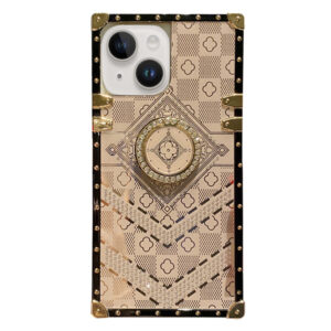 For iPhone 13 Case with Rhinestone Ring Holder Stand Retro Pattern Square Hard Cover HDL130