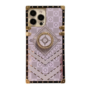 For iPhone 13 Pro Max Case with Rhinestone Ring Holder Stand Retro Pattern Square Hard Cover HDL130