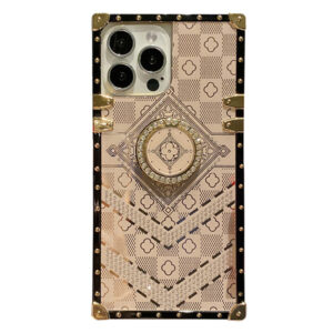 For iPhone 13 Pro Case with Rhinestone Ring Holder Stand Retro Pattern Square Hard Cover HDL130