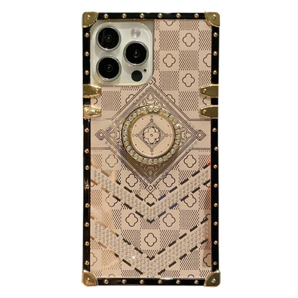 For iPhone 13 Pro Case with Rhinestone Ring Holder Stand Retro Pattern Square Hard Cover HDL130