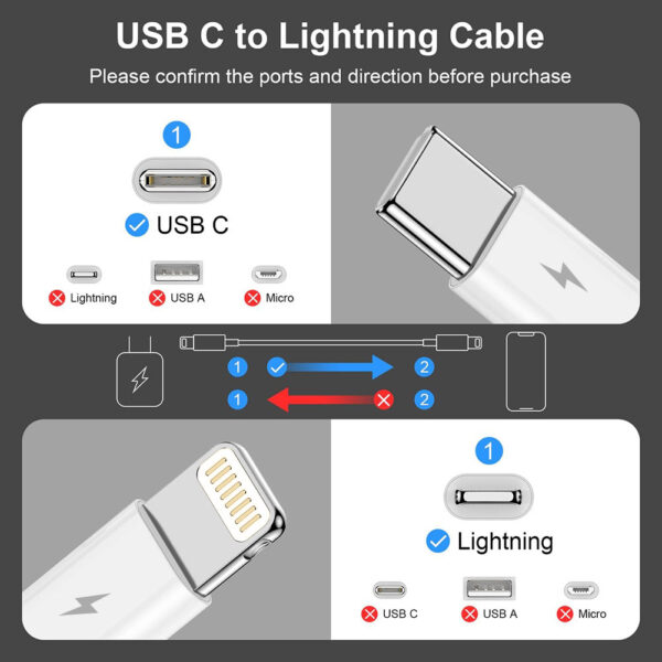 10ft / 3m USB-C to Lightning Fast Charger Cable Type C iPhone Quick Data Sync Cord - Image 2