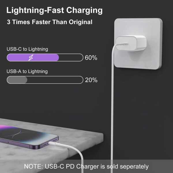 10ft / 3m USB-C to Lightning Fast Charger Cable Type C iPhone Quick Data Sync Cord - Image 3
