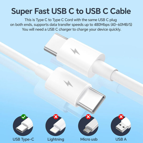10ft / 3m USB-C to USB-C Fast Charger Cable Type C Quick Data Sync Cord - Image 2