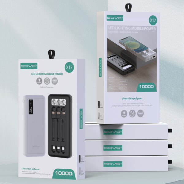 10000mAh Power Bank Portable Charger Built-In 3 Cables and LED Flashlight SOVO X17 - Image 8