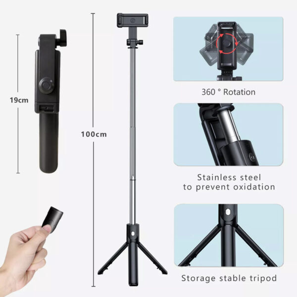 Phone Tripod Stand, Bluetooth Selfie Stick SELFSTICK-H1 - Image 3