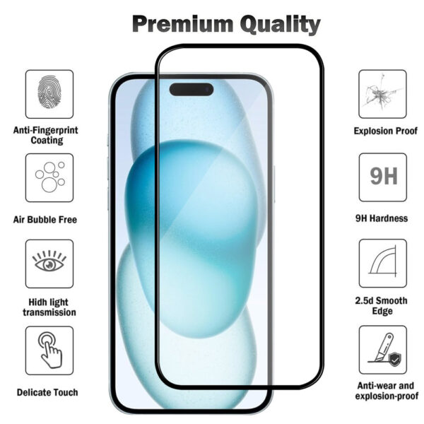 For iPhone 15 Pro (6.1 inch) Clear 10D Full Coverage Tempered Glass Screen Protector Black Frame - Image 3