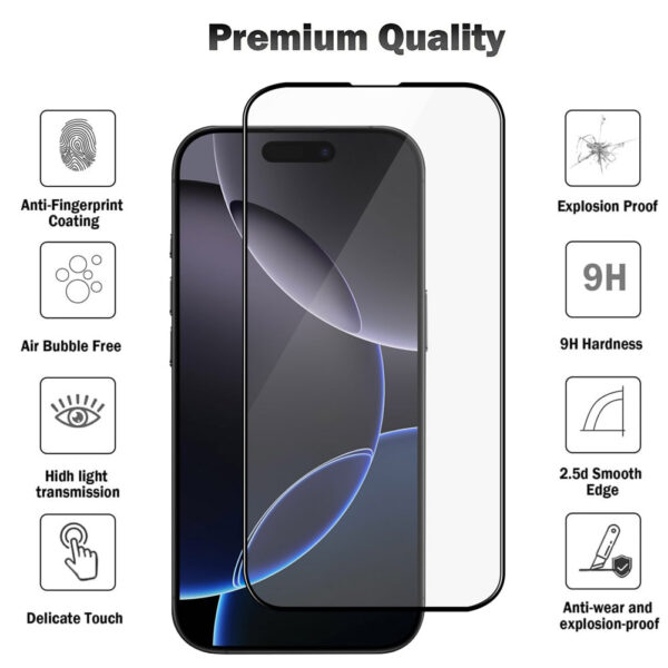 For iPhone 16 Pro (6.3 inch) Clear 10D Full Coverage Tempered Glass Screen Protector Black Frame - Image 3