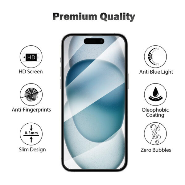 For iPhone 15 Pro Max (6.7 inch) Blue Light Filter Full Coverage Tempered Glass Screen Protector - Image 3