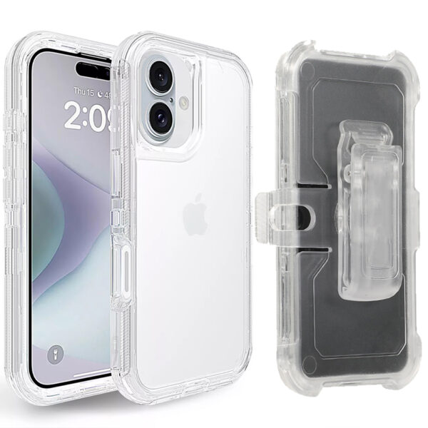 For iPhone 16 Case Heavy Duty Defender Clear Cover with Belt Clip TRL55