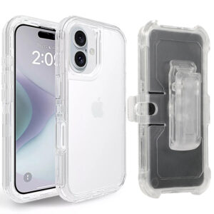 For iPhone 16 Plus Case Heavy Duty Defender Clear Cover with Belt Clip TRL55