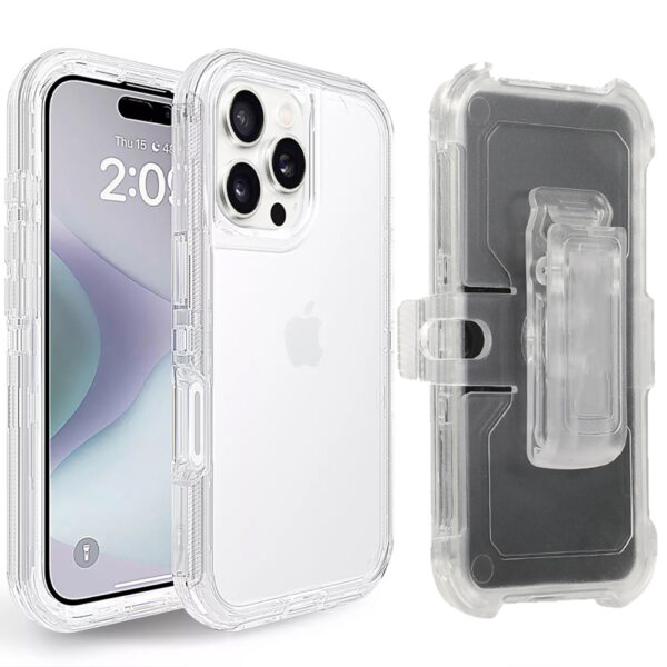 For iPhone 16 Pro Max Case Heavy Duty Defender Clear Cover with Belt Clip TRL55