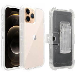 For iPhone 16 Pro Case Heavy Duty Defender Clear Cover with Belt Clip TRL55