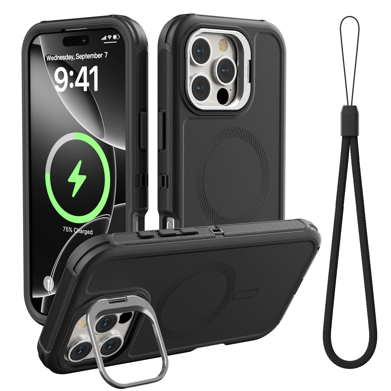 For iPhone 16 Pro Case Heavy Duty Shockproof Kickstand 3 in 1 Cover 6.3-in